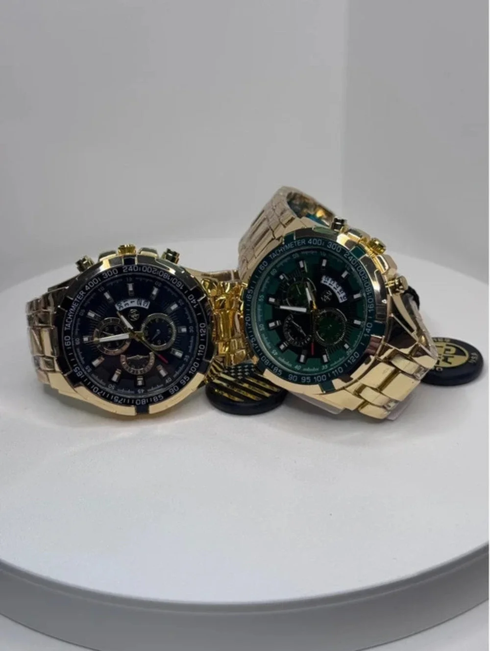AJ stainless steel watch bundle gold tone, green/black face